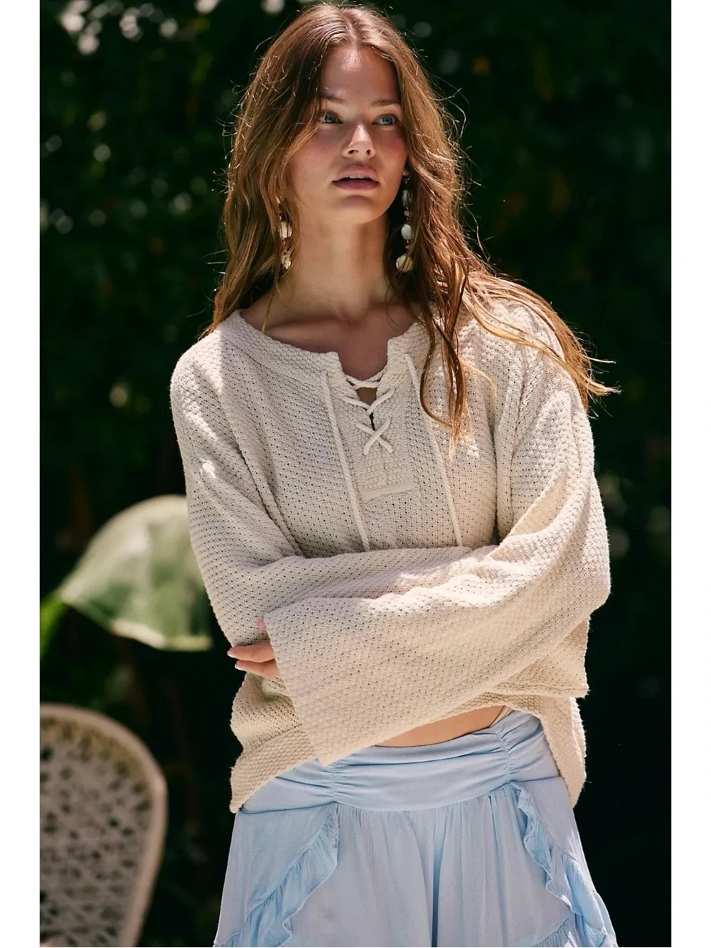 Free People Retro 70s Oversized Sunburst Crochet Pullover Sweater Sand XS NWT
